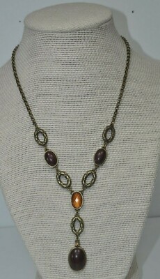 SAQ Signed Amber Tone & Faux Wood Cabochons Bronze Tone Necklace