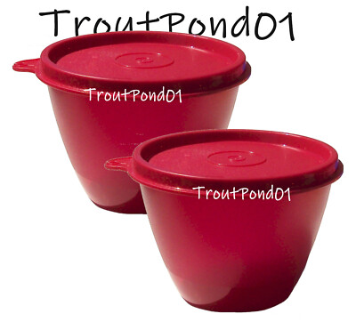 TUPPERWARE Refrigerator Bowls 14 oz Reddish Red Leftovers Nesting Stacking Set 2