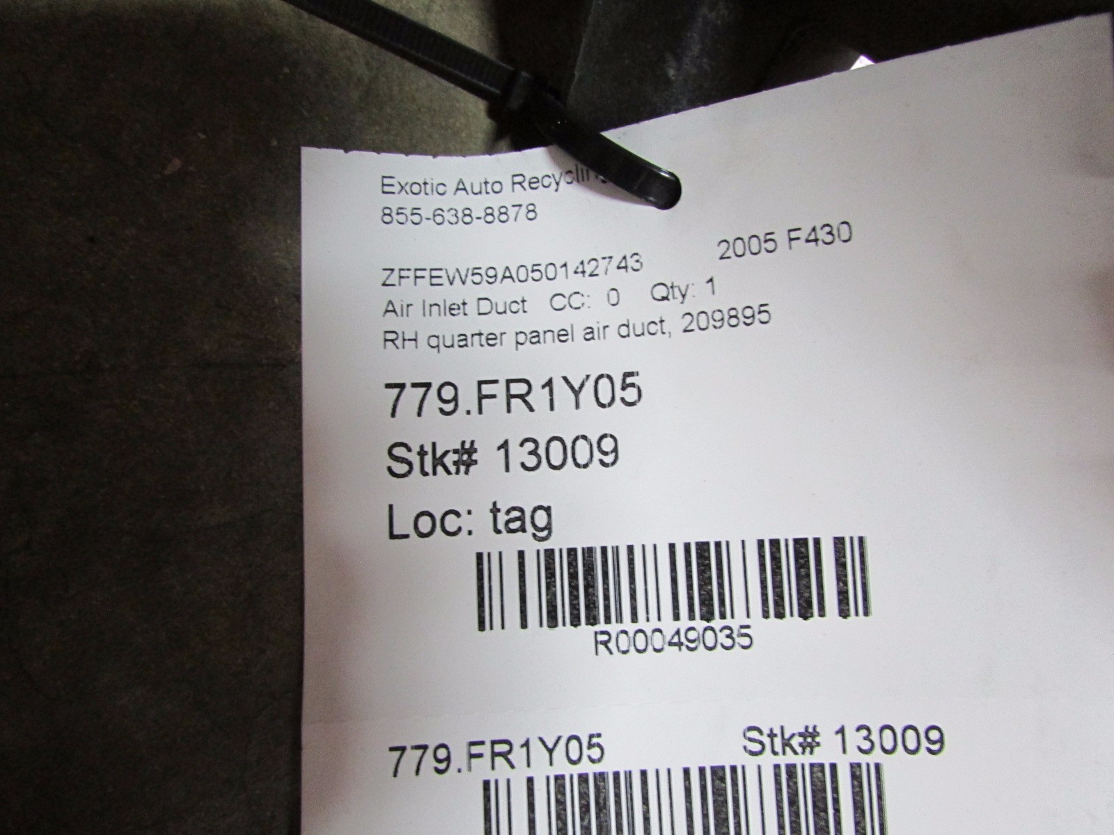 Ferrari F430 Spider RH, Right Quarter Panel Air Duct, Tube, Used P/N 209895