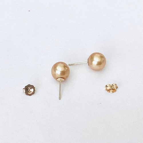 7.8 - 8 mm Golden South Sea Cultured Pearl , 14k Gold Stud Earrings NEW - Picture 5 of 6