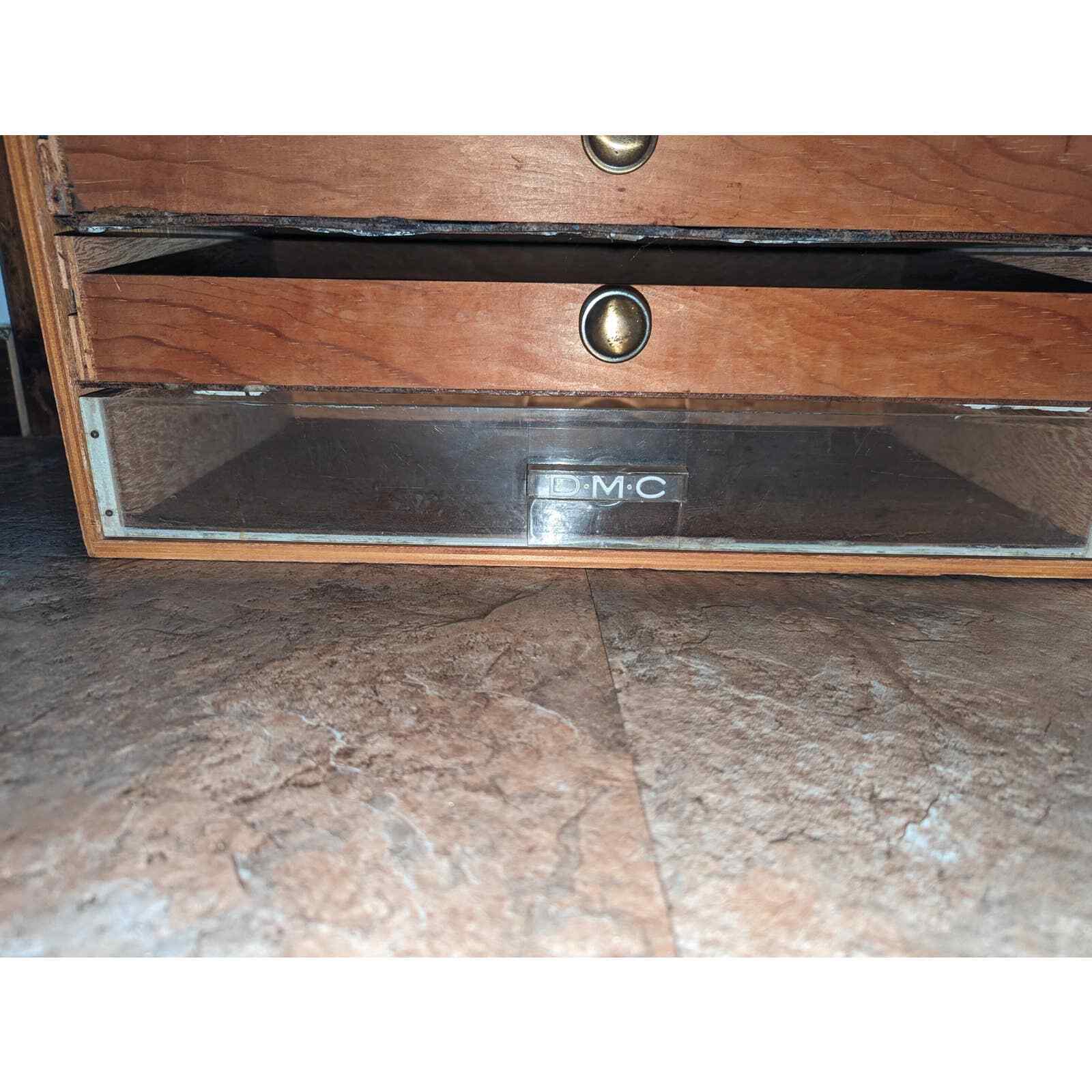 Vintage DMC Floss Wood Box 3 drawer MCM Mid Century 17 x 10 x 8