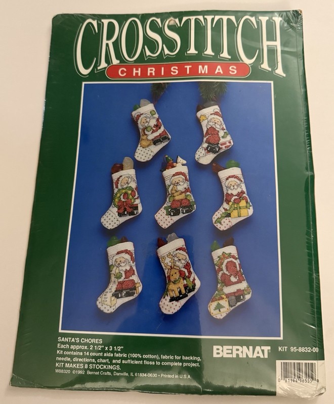 1992 BERNAT Santa’s Chores Christmas Cross Stitch 8 Mini Stockings Kit Santa