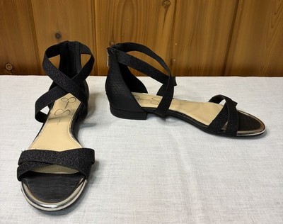 Jessica Simpson Aimlee Flat Black Sandals Snakeskin Sz 9M Faux Leather EUC