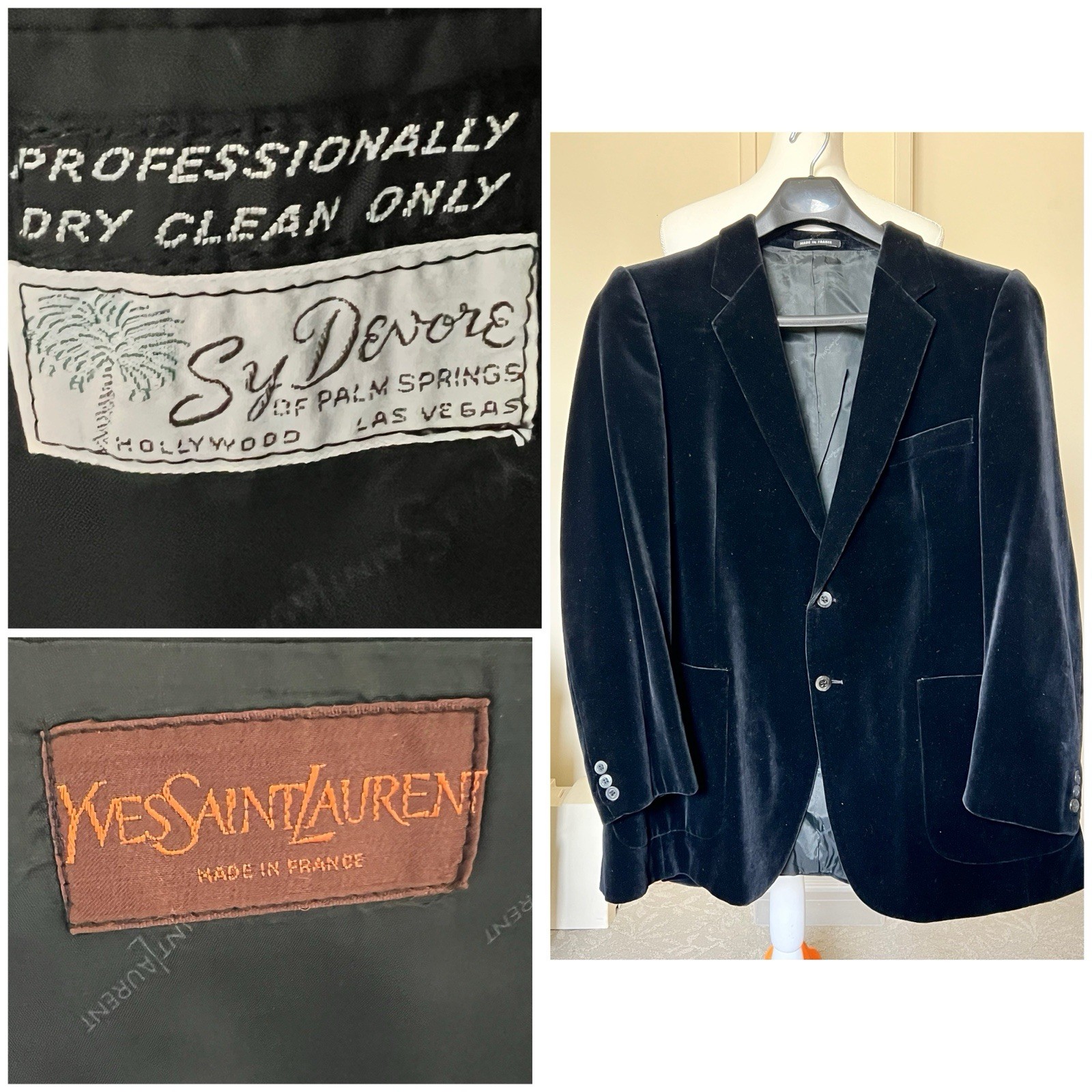 Giacca cappotto sportivo blazer velluto nero Yves Saint Laurent YSL 44 vintage anni 70