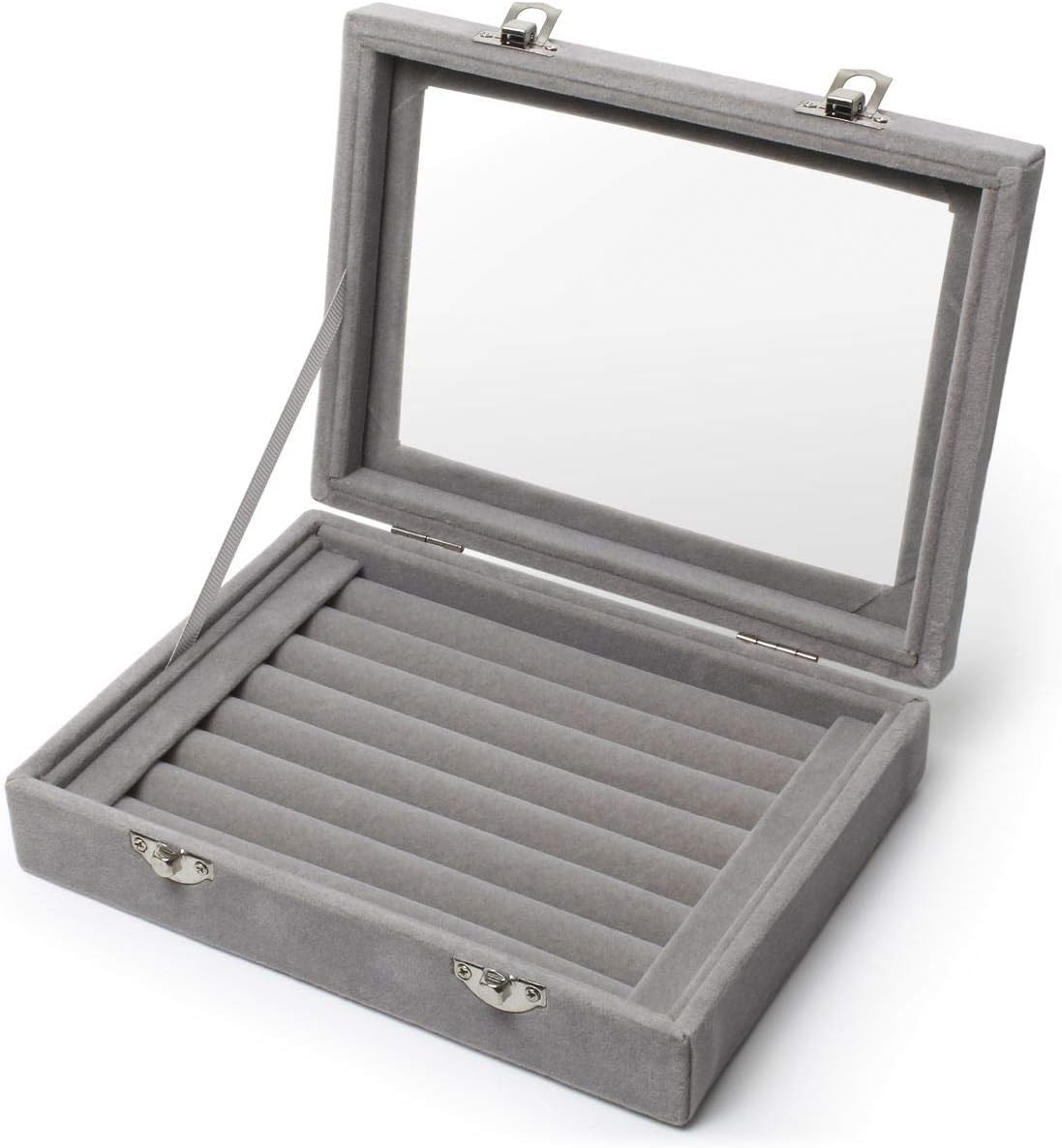 Boite bague en velours gris pour organiser vos bijoux sur la coiffeuse chaque matin