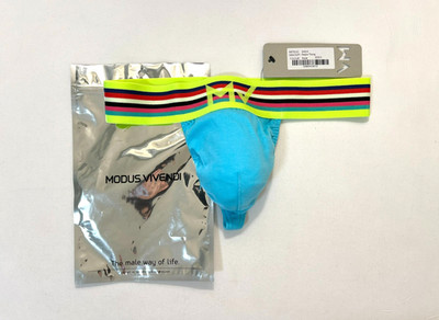 Modus Vivendi  Size Small   Ribbed Cotton Peace T-Back Thong - Aqua/Multi Color