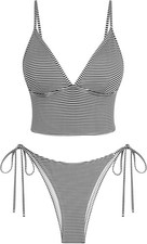 ZAFUL Women's Spaghetti Strap Tankini Swimsuit V Neck Striped Tie Side MEDIUM