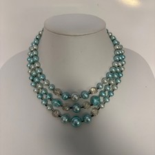 Vintage Triple Strand Faux Pearl Necklace Aqua Blue Beaded 50s Japan