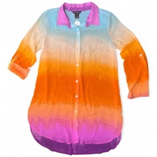 Multiples Sheer Ombre Tie Dye Button Up Shirt Tunic Long Sleeve Women M NWT