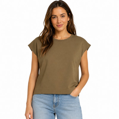 ZARA Women's Boxy Cap Sleeve T-Shirt Top Olive Green Khaki Crewneck S