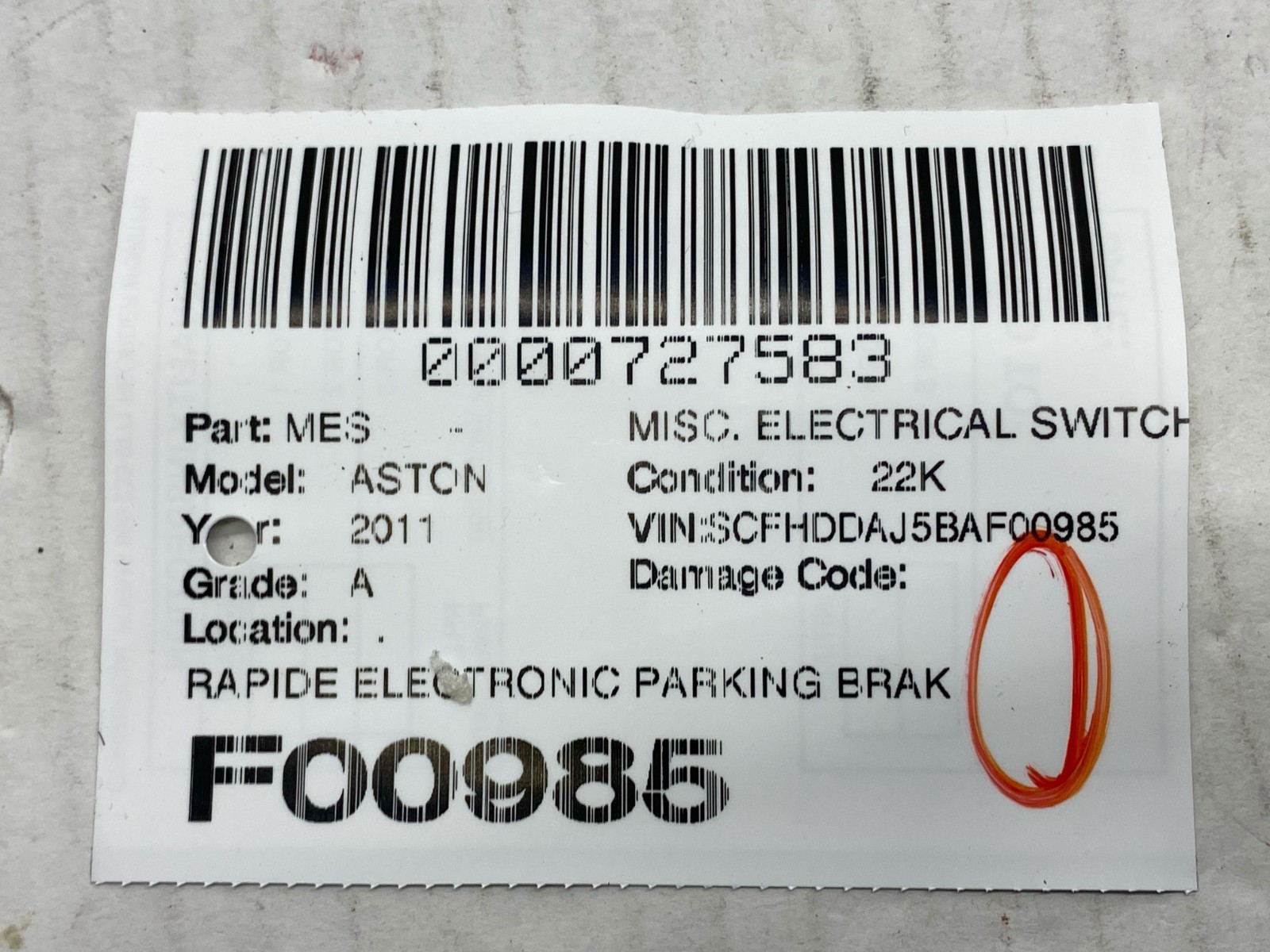 ASTON MARTIN RAPIDE ELECTRONIC PARKING BRAKE SWITCH AD43-7650-AC OEM