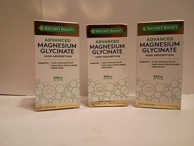 3 Nature's Bounty Advanced Magnesium Glycinate Mineral Supplement 90 Each 08/27