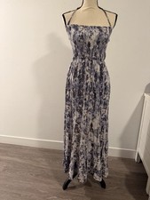 smocked-bodice halter maxi dress blue and white abstract print Size Medium