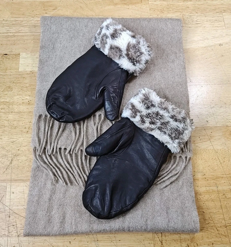 Guantes de cuero con puños de cachemir Lands End guantes talla pequeña bufanda mediana con flecos beige  Foto 3 de 4