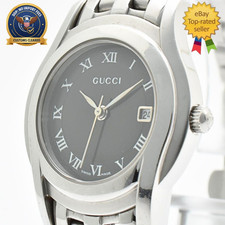 NEAR MINT GUCCI 5500L Blacl Dial Date Silver 27mm Vintage Women's Quartz Watch