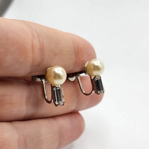 Orecchini vintage anni 50 finta perle baguette ghiaccio strass vite retro eleganti - Foto 2 di 5