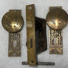 Antique Nashua B-12800 Mortise &key Lock Set, 2 Backplates, 2 Brass Door Knobs
