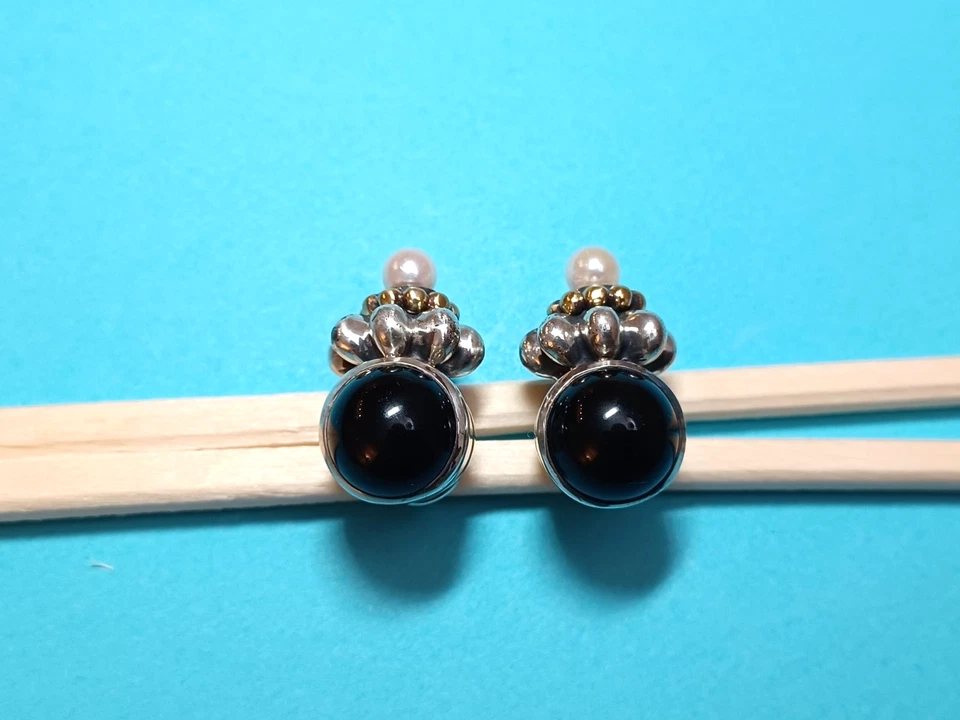 LAGOS Caviar Black Onyx  Pearl Sterling Silver 18k Gold Earrings, omega back - Image 4 of 4