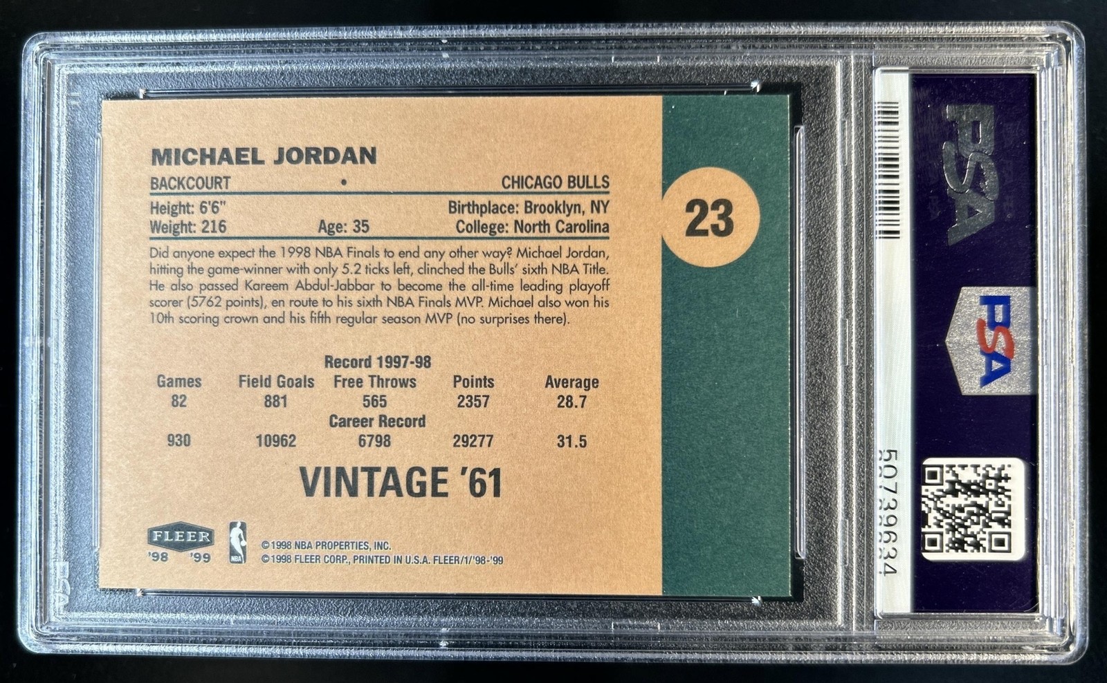 1998-99 Fleer Tradition Michael Jordan Vintage '61 #23 Bulls PSA 9 view 2