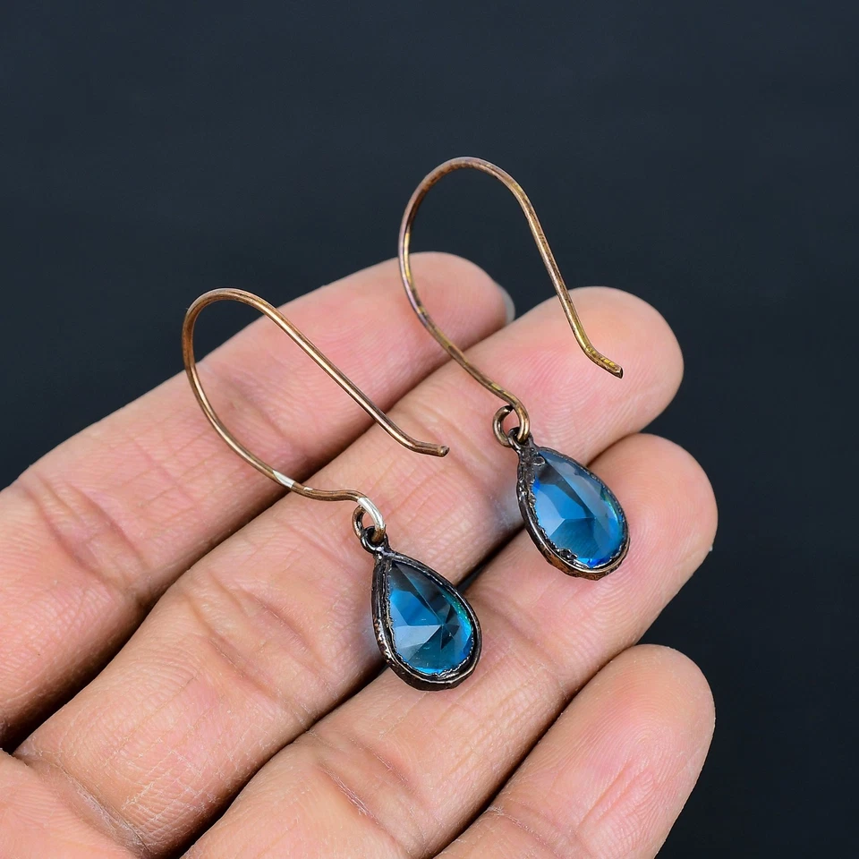 Blue Topaz Handmade Gemstones Copper Electroplated Beautiful Earrings Jewelry Foto 2 de 4