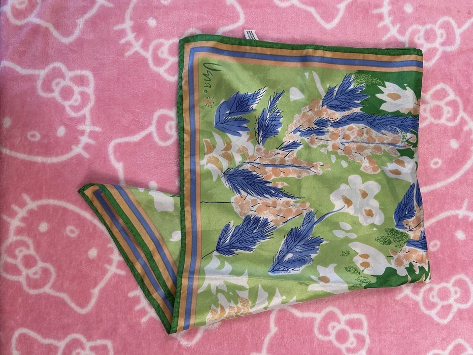 Bufanda Vera Vintage Verde/Azul/Blanco 100% POLIÉSTER Hecha en Japón Diseño Floral Foto 3 de 4