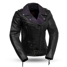 Ladies Sexy Leather Motorcycle Jacket with Purple Collar Size XL FIL184CJ