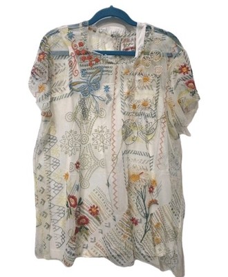 Johnny Was L Large Merida Ruffle Neck Blouse Mesh Floral Embroidered Top Slip