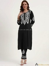Black Cotton Chikankari Kurta Set, Lucknowi Chikan Handmade Salwar Kameez