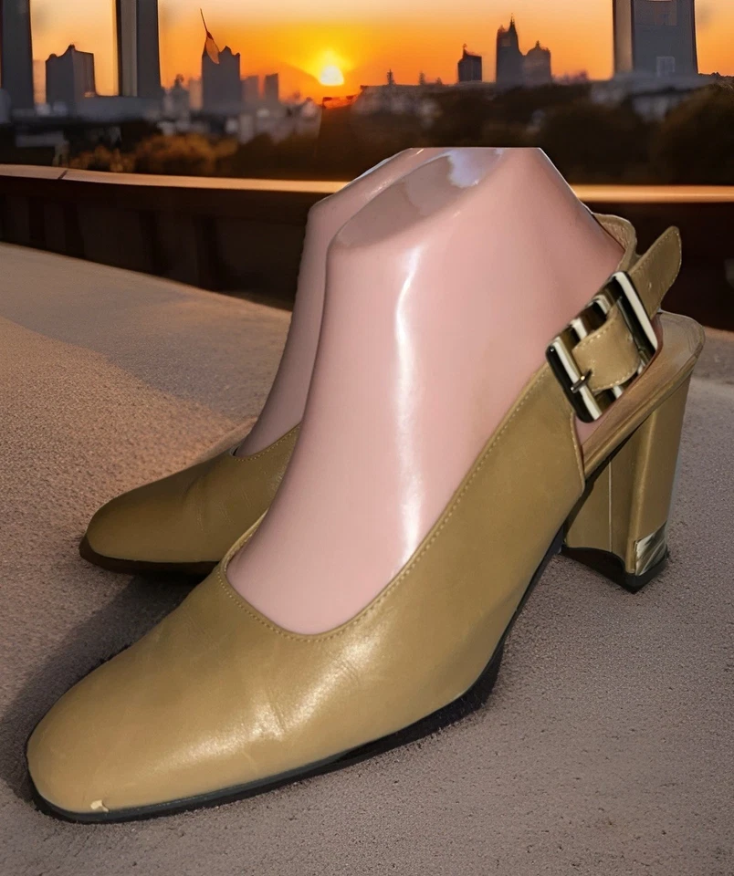 Rare Vintage Stuart Weitzman Marble Heel Buckle Slingback Pumps Sz 10 B - Image 2 of 4