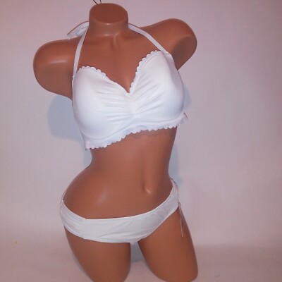 Victoria Secret Swim Bikini 38C Top Large Bottom Solid White Scallop Trim Lined