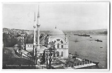 C.1920 RPPC Constantinople, TURKEY DOLMABAH E MOSQUE, Ships, Tram, Postcard P0