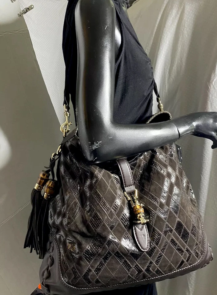 Auténtico Bolso Hobo Gucci JACKIE Bambú Marrón Gamuza Cuero Exótico S. Parche/Ayers XXL Foto 2 de 4