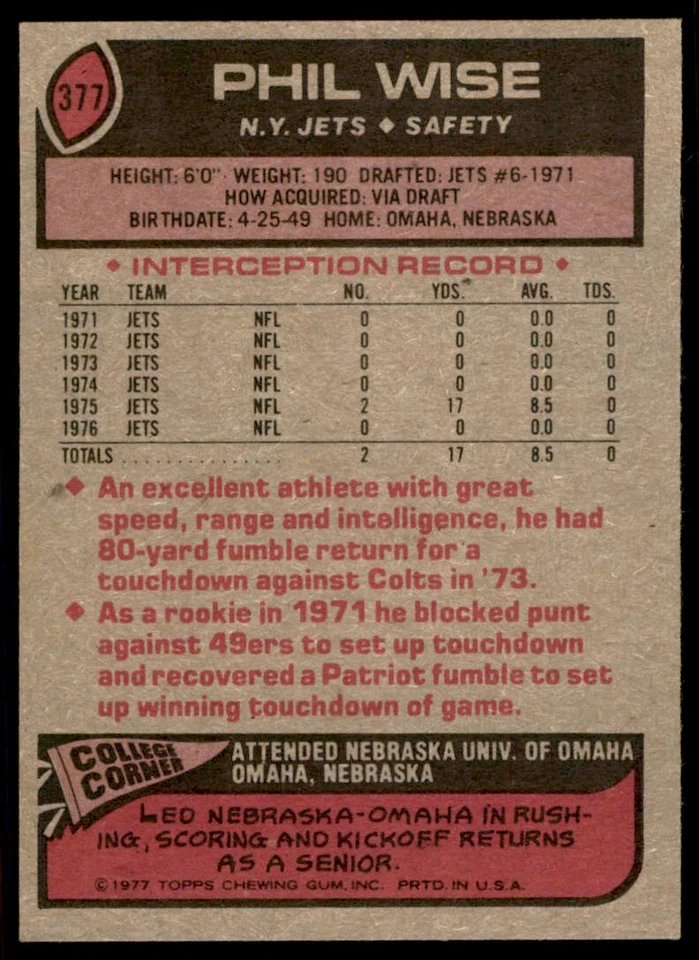 1977 Topps Phil Wise Rookie Football Card New York Jets #377 - Image 2 of 2