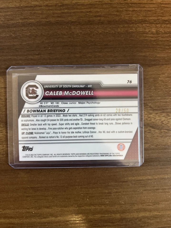 2023 Bowman Chrome U University Sapphire CALEB MCDOWELL GOLD RC Refractor /50 - Image 2 of 2