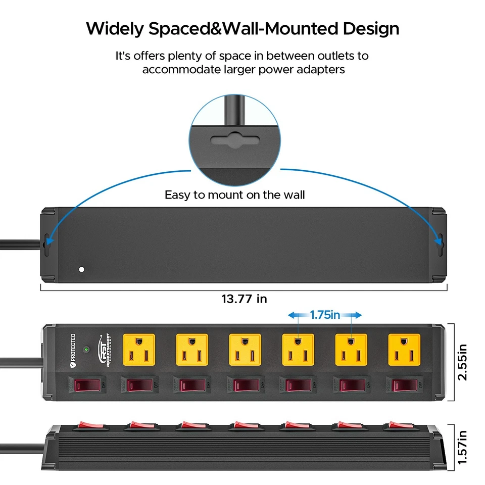 6 Outlet Surge Protector Power Strip 6 Individually Switched Flat Plugs - Image 4 of 4
