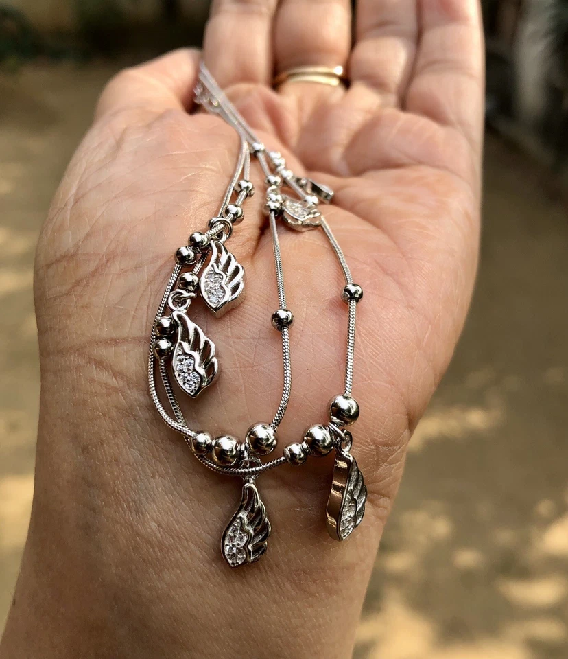 2 Piezas Plata 925 + Circonita Protección Tobillera, Amuleto Nazariya, Dijes Diseño Pluma Foto 2 de 4