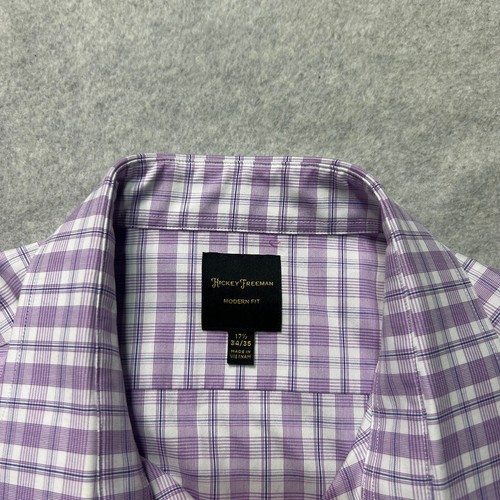 Hickey Freeman Shirt Mens 17.5 Lavender Plaid Modern Fit Button Up Easter Casual - Picture 8 of 9