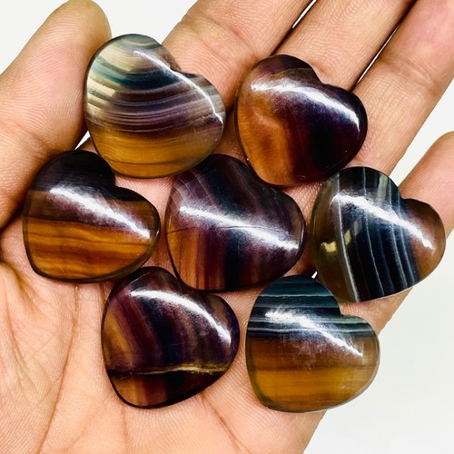 7 Pcs Natural Bi Color Fluorite 24-25.5mm Heart Cabochon Untreated Gemstones Lot - Picture 7 of 12