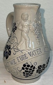 Old 30s Stoneware Salt Glazed WINE Pitcher w/Cobalt Blue Embossed Cherubs Grapes