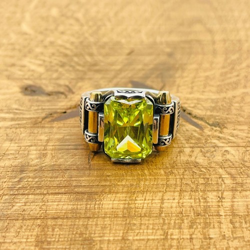 Peridot Stone Ring Mens,Light Green Square Gemstone Ring, 925k Sterling Silver, - Picture 4 of 8