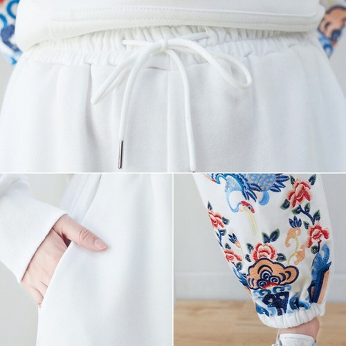 Women Embroidery Sweatpants Sports Trousers Pants Drawstring Waist Chinese Retro - Picture 9 of 11