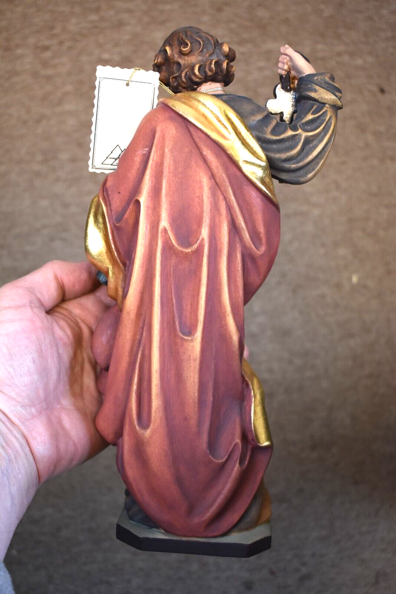 イタリア　Conrad Moroder社　木彫り人形 Hand Carved Wood Statue of St. Peter by Conrad Moroder, with COA