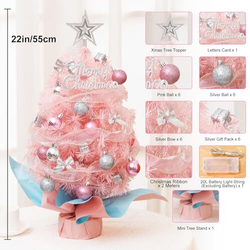 22 Inch Tabletop Mini Small Christmas Tree with Light, Pink Christmas