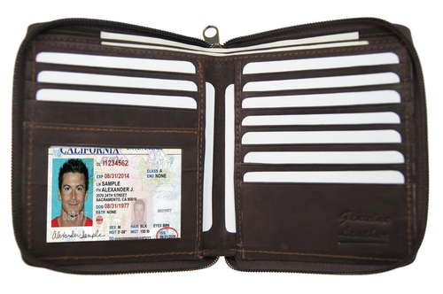 Black Leather Mens Bifold European Wallet ID Card Organizer Zip Around Hipster - Afbeelding 5 van 15