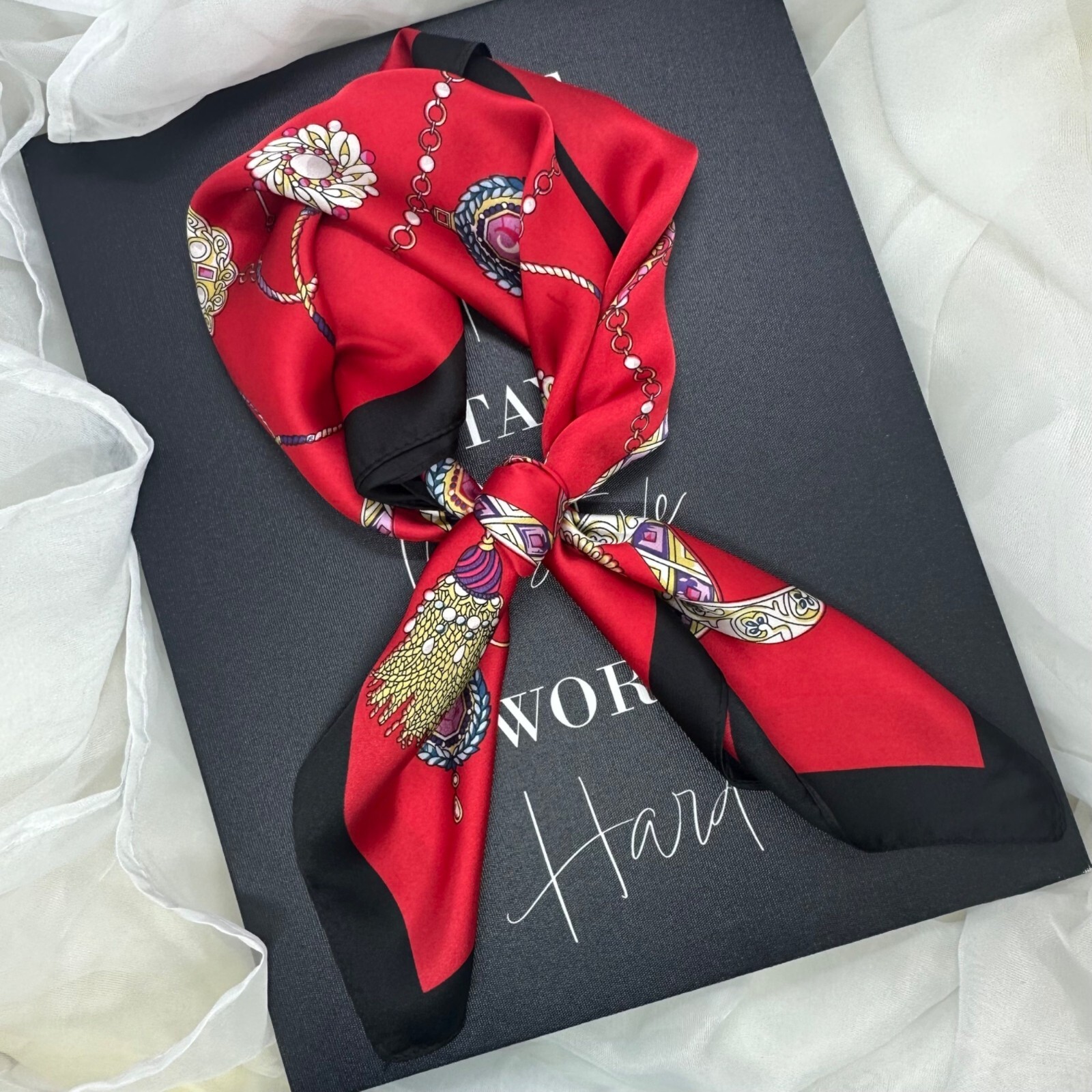 Elegant Retro Red and Black Silk Bandana Scarf Stylish Hijab-image