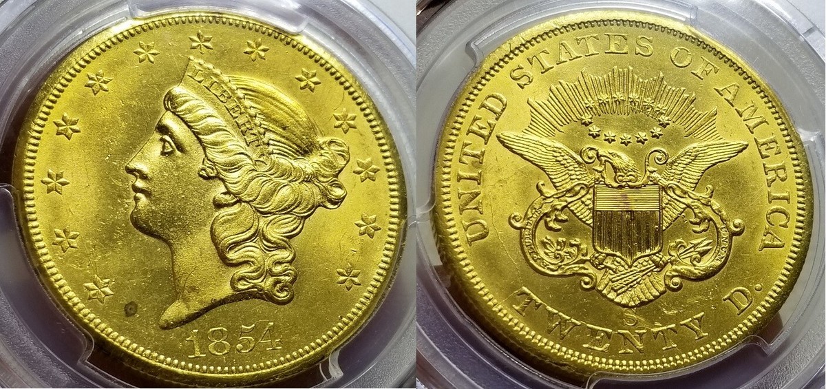 1854 S $20 Gold Liberty PCGS Genuine UNC. Details Scratch | eBay