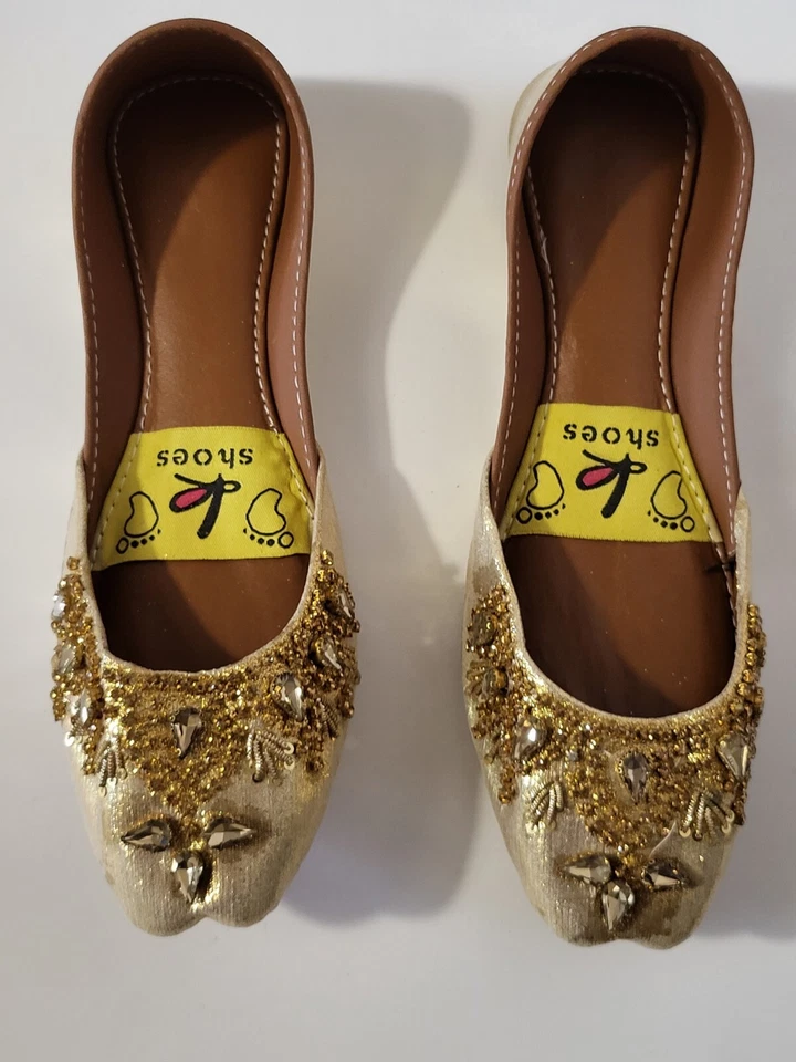 Pakistani Women Embellished Padded Khussa Shoes Pumps Gold Size 4/37 - Image 2 of 4