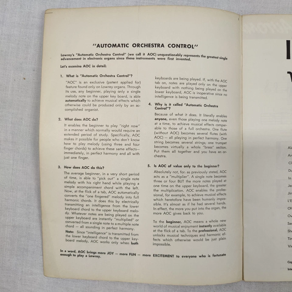 Rare 1962 Vtg INSTANT FUN WITH AUTOMATIC ORCHESTRA CONTROL AOC ORGAN Song Book - Image 3 of 4