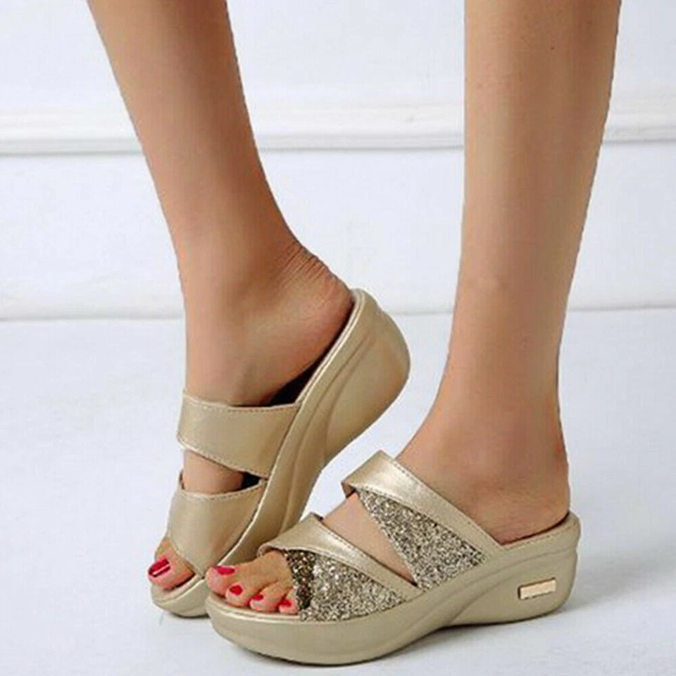 Wedge Heels Sequin Sandals Ladies Flops Shoes Women Summer Sandals Slip On Flip - Image 2 of 4