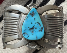 MASSIVE vintage BLUE TURQUOISE STERLING CUFF BRACELET 7" teardrop 97g signed men